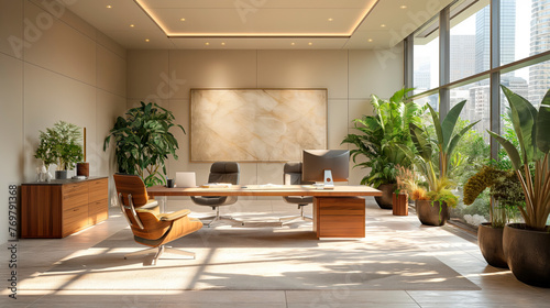 This high-end corporate office blends sleek modern furniture with natural design elements, featuring an abundance of indoor plants and sunlight streaming through large windows.