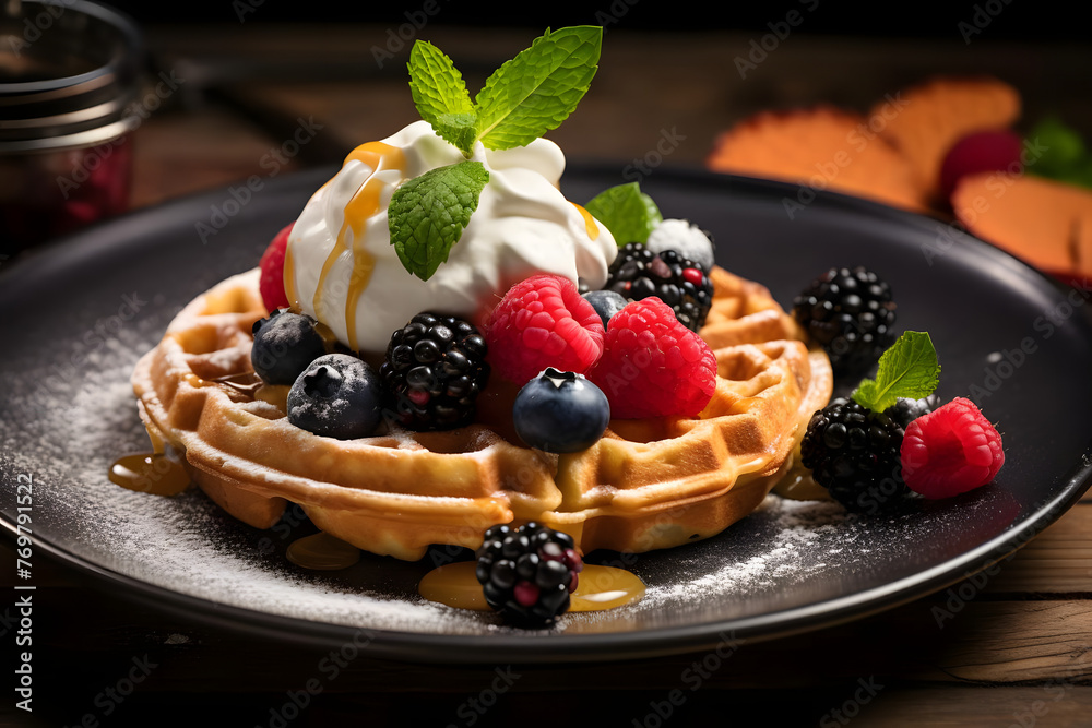 Belgian Waffle, Crispy and fluffy waffle, served with whipped cream and fruit