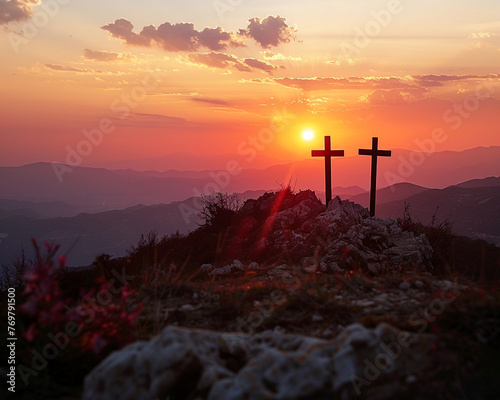 Silhouetted crosses on a mountain crest glowing orangegreen horizon endofday light inspiring highangle shot , close-up