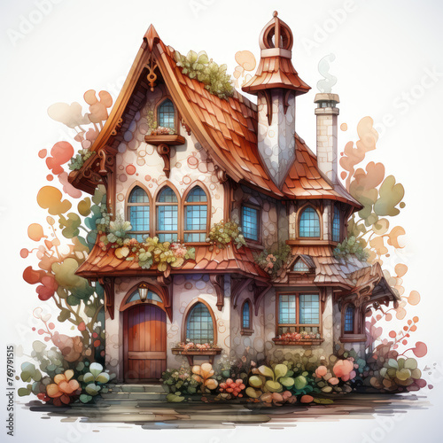 watercolor Kawaii Gingerbread House clipart, Generative Ai