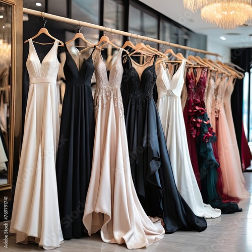 Many colorful BLACK ABD WHITE elegant formal BRAW for sale in luxury modern shop boutique. Prom gown, wedding, evening, BRAW dress details. Dress rental for various occasions and events,,