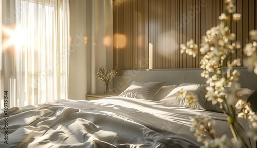 A modern hotel room with a king-size bed, featuring white sheets and grey pillows This scene conveys luxury and comfort Generative AI photo