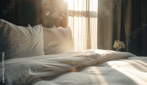 Luxurious hotel bed with white linens and grey pillows, set against a dark wooden headboard in an elegant room The sunlight filters through the window Generative AI photo