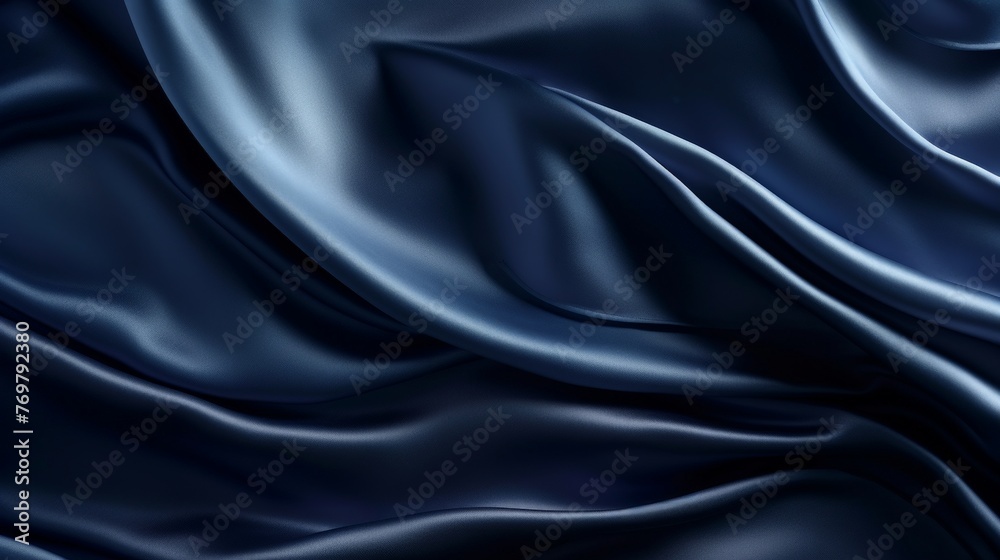 Silk satin fabric. Navy blue color. Abstract dark elegant background with space for design. Soft wavy folds. Drapery. Gradient. Light lines. Shiny. Shimmer. Glow.Template - generative ai