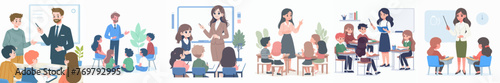 set of vector illustrations of a teacher and students in classroom