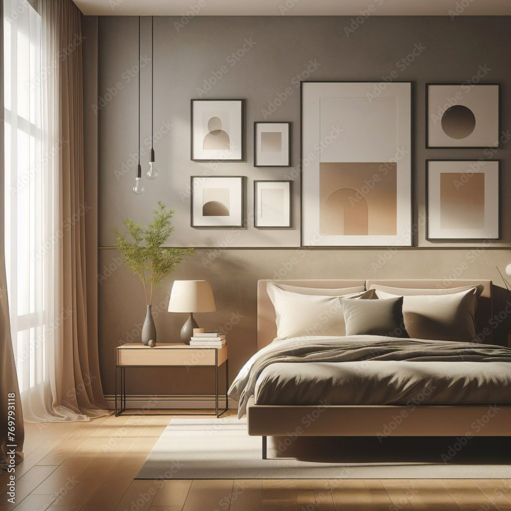 窓のブラインド、木製のベッド、灰色の毛布、枕、寄木細工の床のベッドサイド テーブルから日光が当たる、モダンで豪華な寝室の空白のベージュ茶色の壁。