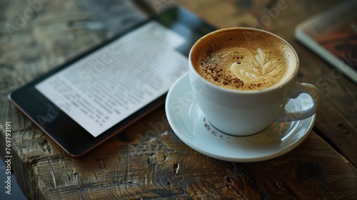 A cup of cappuccino with latte art beside an e-reader on a rustic wooden table. photo