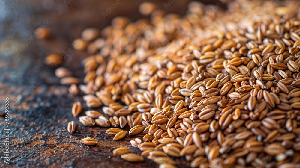 Obraz premium Close-up of brown flaxseeds scattered on a textured surface with blurred background.