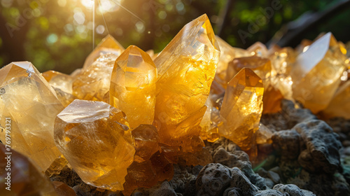Beautiful cluster of large, golden-pointed crystals backlit by the sun, creating an ethereal and awe-inspiring visual