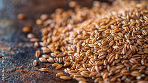 Close-up of brown flaxseeds scattered on a textured surface with blurred background.