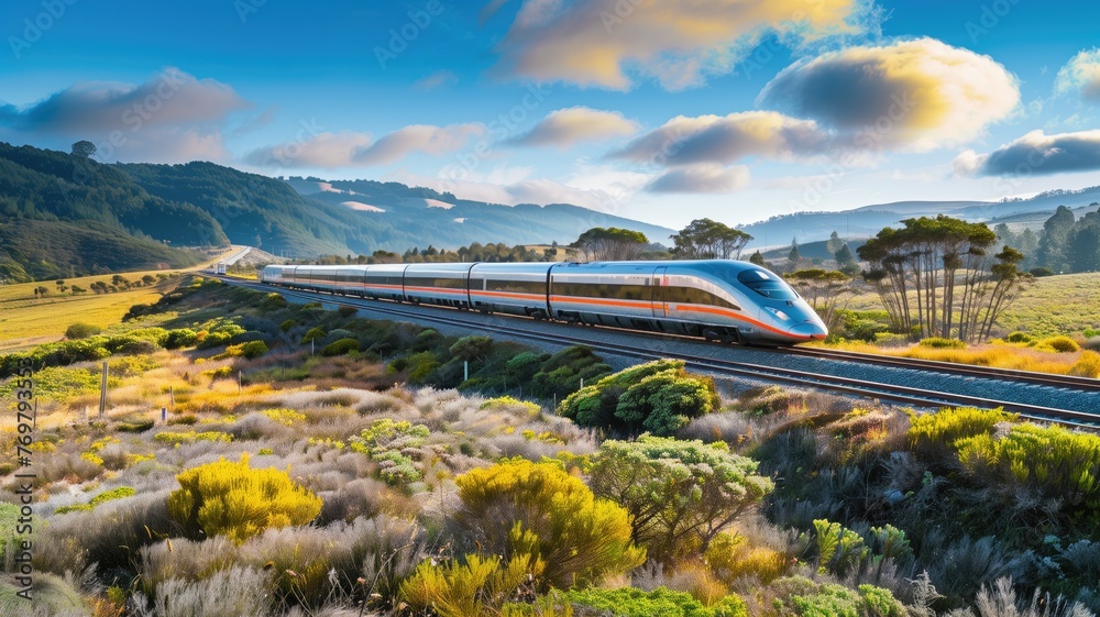 A modern train zipping through a picturesque landscape with hills and vibrant blue skies. A modern train zipping through a picturesque landscape with hills and vibrant blue skies.