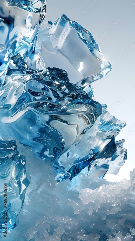 Crystal clear ice, deep blues and whites, low angle, arctic chill, hyper-realistic detail Crystal clear ice, deep blues and whites, low angle, arctic chill, hyper-realistic detail