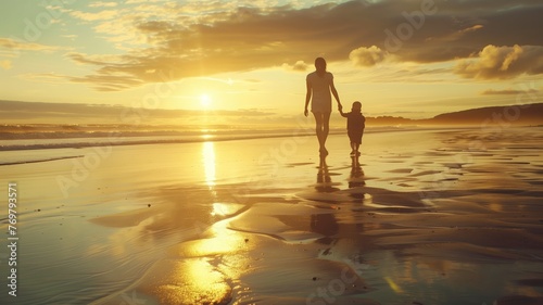 Silhouettes of an adult and child walking on a beach at sunset, with reflections wet sand.