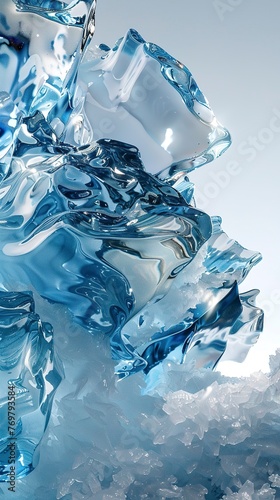 Crystal clear ice, deep blues and whites, low angle, arctic chill, hyper-realistic detail