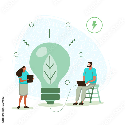 Vector flat illustration on a white isolated background with a man working at a computer and charging it with a light bulb. Renewable energy.