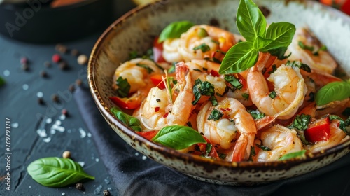 Shrimps, prawns with basil and spices in a plate on a dark background