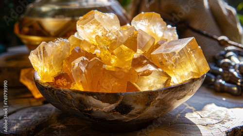 A rustic bowl filled with luminous crystals is presented in a warmly lit environment, suggesting a feeling of comfort and richness