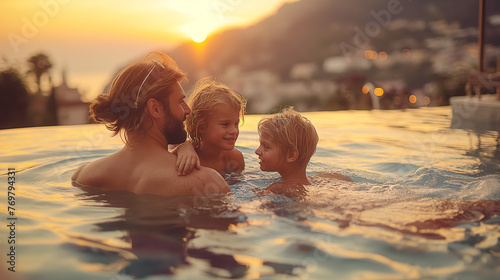 A happy family has fun in a natural thermal pool. © Janis Smits