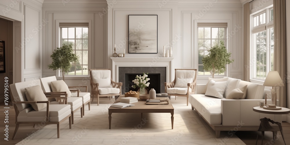 A classic Colonial house exterior leading to a modern living room oasis, with neutral tones, sleek furniture, and subtle colonial-inspired accents, all beautifully rendered in a lifelike 3D.