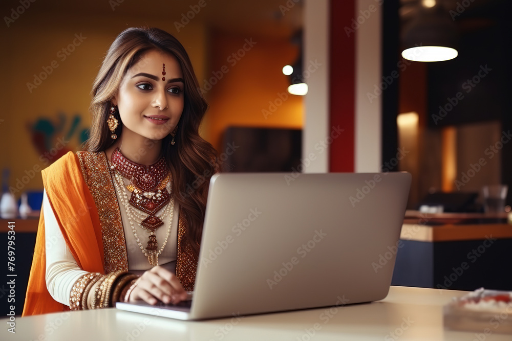 Portrait of a beautiful, young and intelligent student of Indian-Asian descent in national dress. Generative AI Portrait of a beautiful, young and intelligent student of Indian-Asian descent in national dress. Generative AI