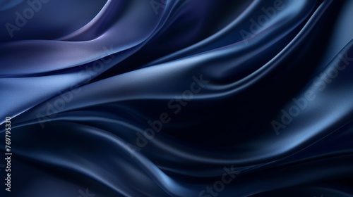 Silk satin fabric. Navy blue color. Abstract dark elegant background with space for design. Soft wavy folds. Drapery. Gradient. Light lines. Shiny. Shimmer. Glow.Template - generative ai