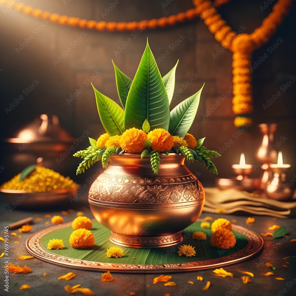 Obraz premium Realistic gudi padwa celebration background with copper pot and decoration.