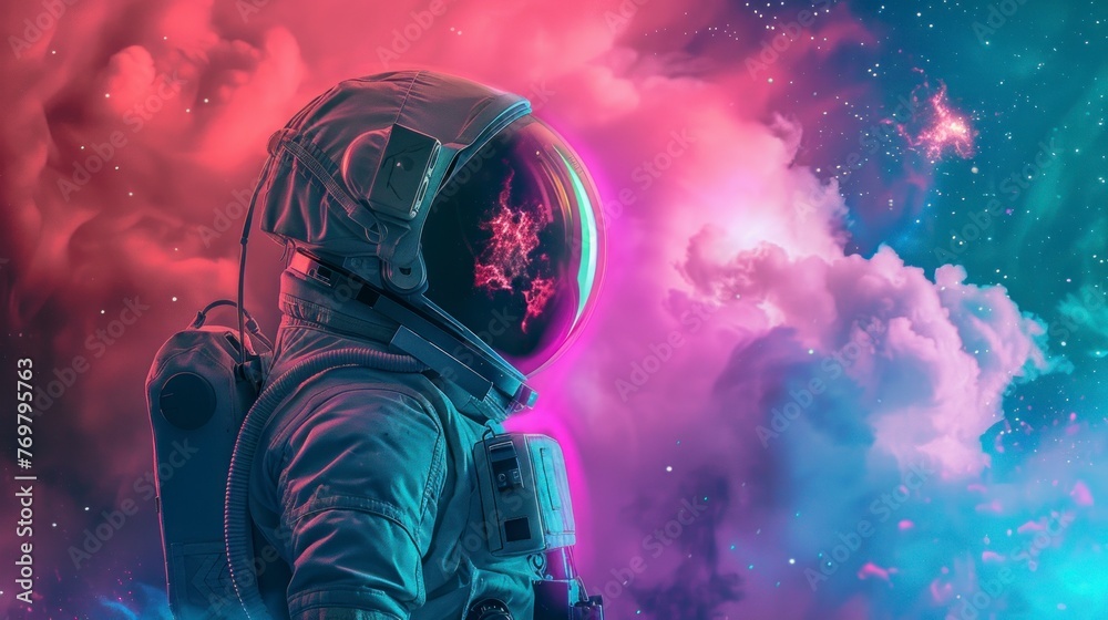 astronaut in profile looking at the universe with many neon colors astronaut in profile looking at the universe with many neon colors