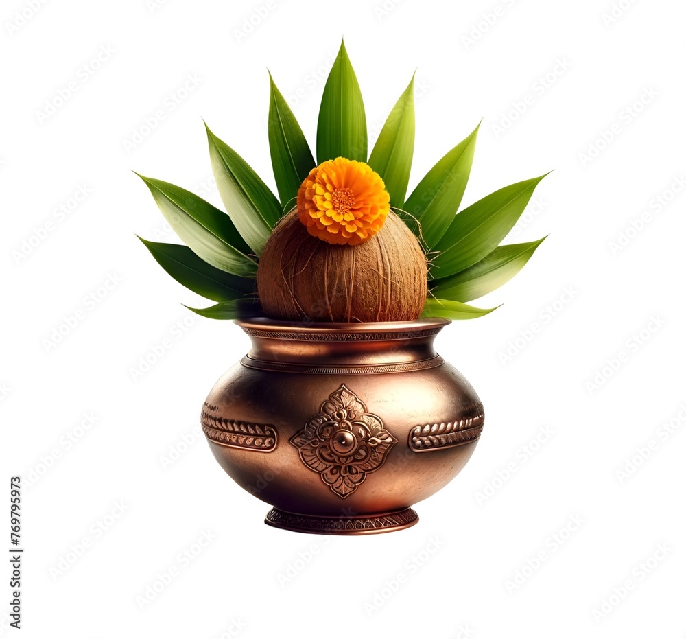 Obraz premium Traditional copper pot with coconut and mango leaves for gudi padwa celebration.