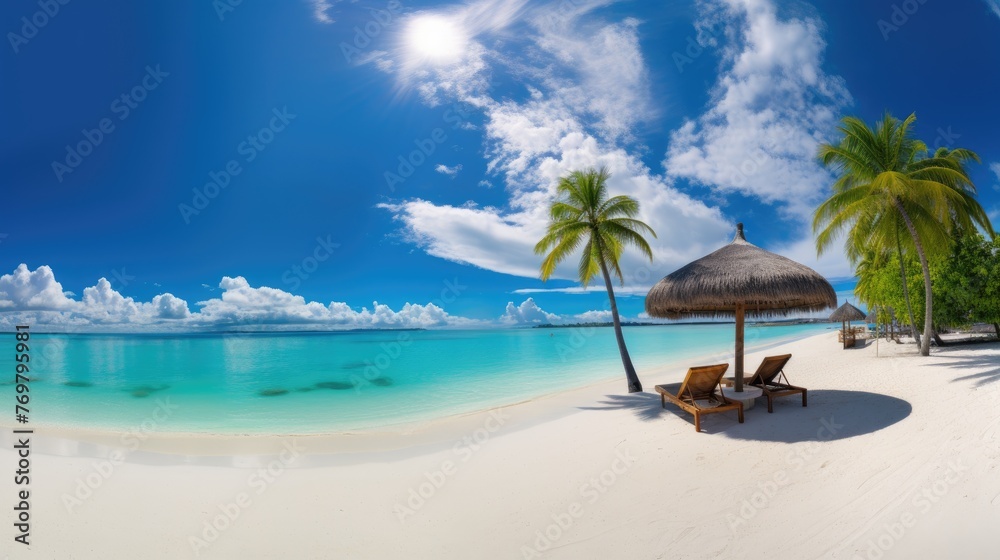 Panorama beautiful beach with white sand, turquoise ocean, and blue sky with clouds on a Sunny day. Summer tropical landscape with green palm trees and Straw umbrellas with empty copy space.