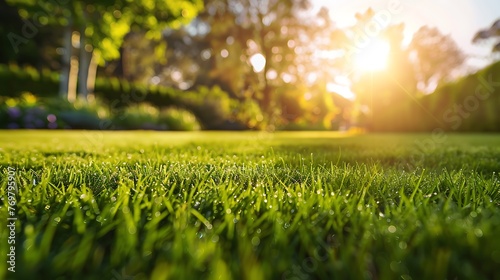 Green Grass Lawn with Blurred Trees and Setting Sun in the Background photo