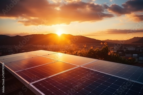 Wallpaper Mural Solar panels for electricity production with city and mountain sunset views, copy space included Torontodigital.ca