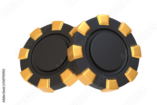 Two black and gold casino chips overlapped, gambling currency concept, isolated on a white background. 3D render illustration