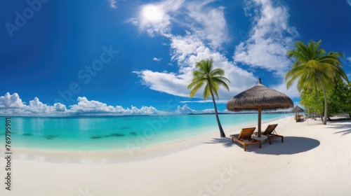 Panorama beautiful beach with white sand, turquoise ocean, and blue sky with clouds on a Sunny day. Summer tropical landscape with green palm trees and Straw umbrellas with empty copy space. © inthasone