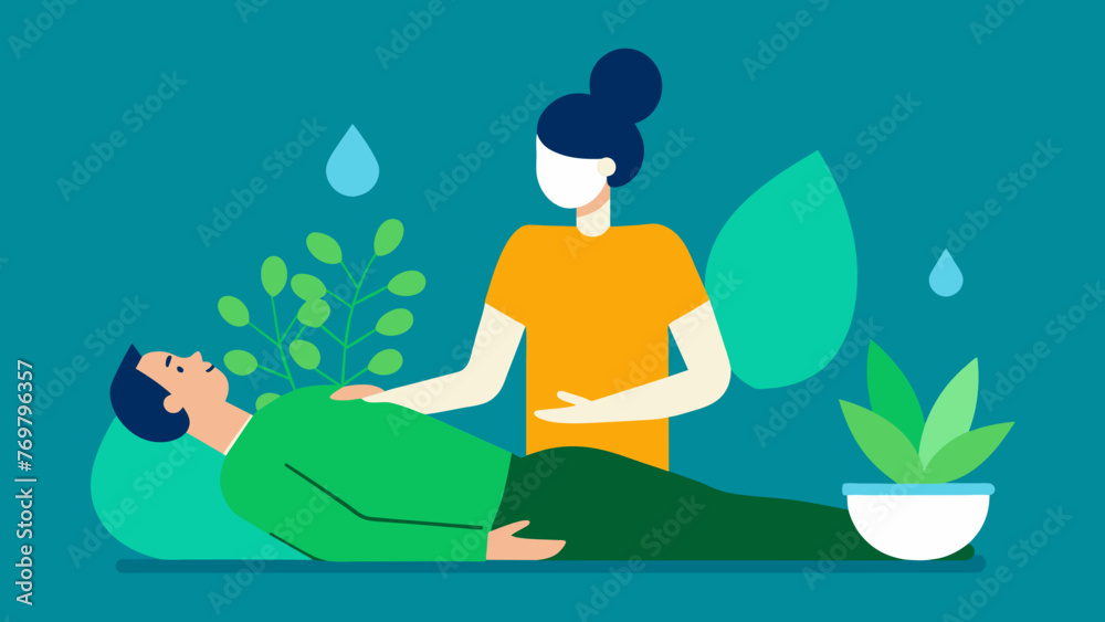 A person receiving a relaxing massage with green herbal oils illustrating the use of natural remedies for promoting physical and mental A person receiving a relaxing massage with green herbal oils illustrating the use of natural remedies for promoting physical and mental