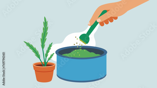  A hand sprinkling dried green herbs into a pot of boiling water highlighting the preparation of natural remedies in traditional medicine.