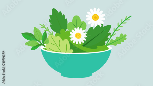  A bowl filled with freshlypicked chamomile dandelion and nettle leaves emphasizing the diversity of herbs used in natural remedies.