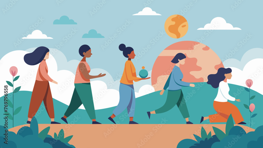 Fototapeta premium A serene natural setting where a group practices walking meditation connecting with the earth and their inner selves through each step.