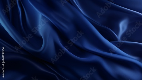 Silk satin fabric. Navy blue color. Abstract dark elegant background with space for design. Soft wavy folds. Drapery. Gradient. Light lines. Shiny. Shimmer. Glow.Template - generative ai