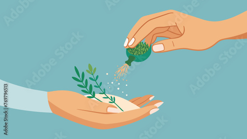  A closeup of a thes hand sprinkling a fragrant powdered herb onto a patients skin before placing the needles highlighting the combination of