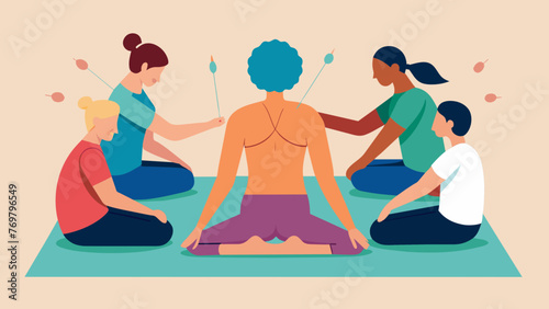  A group of people lying on yoga mats as an acupuncture the moves from person to person gently inserting needles into specific points to release