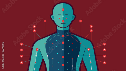  An acupuncture model displaying the  primary meridians and their associated acupuncture points marked by small dots.