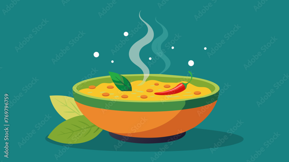 A bowl of guthealing kitchari a traditional Ayurvedic dish made with rice lentils and various es sits steaming on a table. A bowl of guthealing kitchari a traditional Ayurvedic dish made with rice lentils and various es sits steaming on a table.