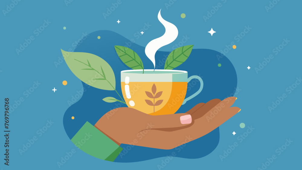  A hand holding a hot cup of herbal tea symbolizing the balancing and cleansing properties of Ayurvedic drinks. - obrazy, fototapety, plakaty 