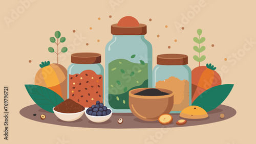  A selection of Ayurvedic superfoods including chia seeds quinoa and nuts sit in small jars ready to be added to meals for added nutrition and