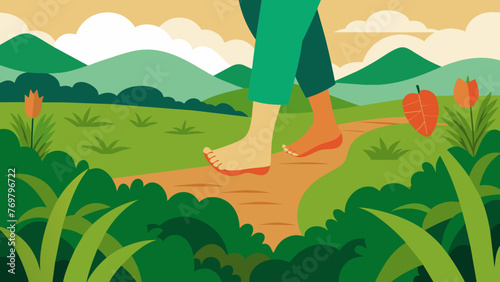  Closeup of a persons feet as they walk through lush green fields emphasizing the Ayurvedic belief in living in harmony with nature and eating