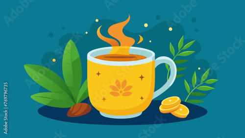  A mug of steaming turmeric and ginger tea believed to aid in digestion and boost immunity in Ayurvedic medicine.