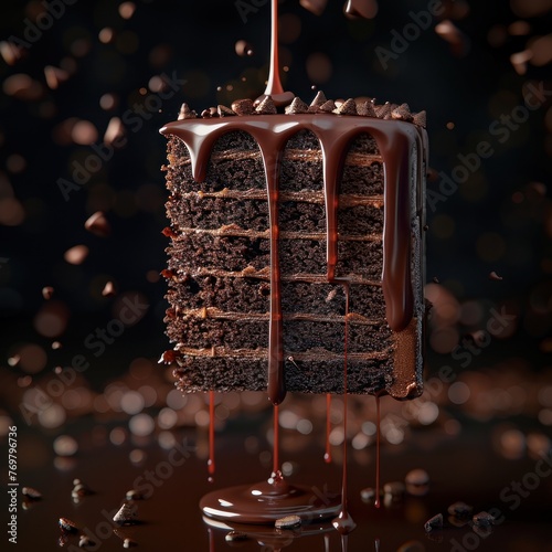 Decadence Unleashed Dynamic Scene of Dripping Chocolate Cake with Luscious Chocolate Sauce