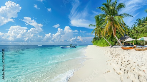 Panorama beautiful beach with white sand  turquoise ocean  and blue sky with clouds on a Sunny day. Summer tropical landscape with green palm trees and Straw umbrellas with empty copy space.