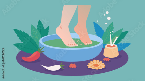  A persons foot in a bowl of warm water with herbs and oils signifying the Ayurvedic practice of feet soaking as a way to relax and rejuvenate