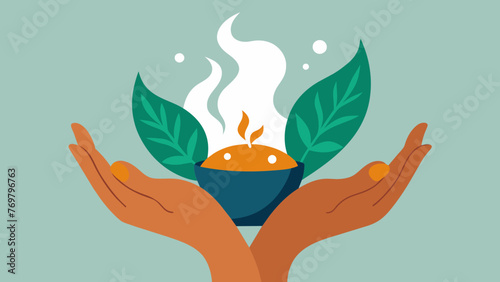  A womans hands gently holding steaming herbal compresses used in Ayurvedic panchakarma therapy to release toxins and revive the body.